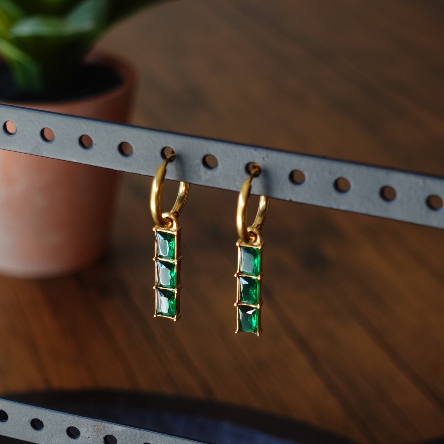 Gold Hoop Earrings with Emerald Green Square Stones