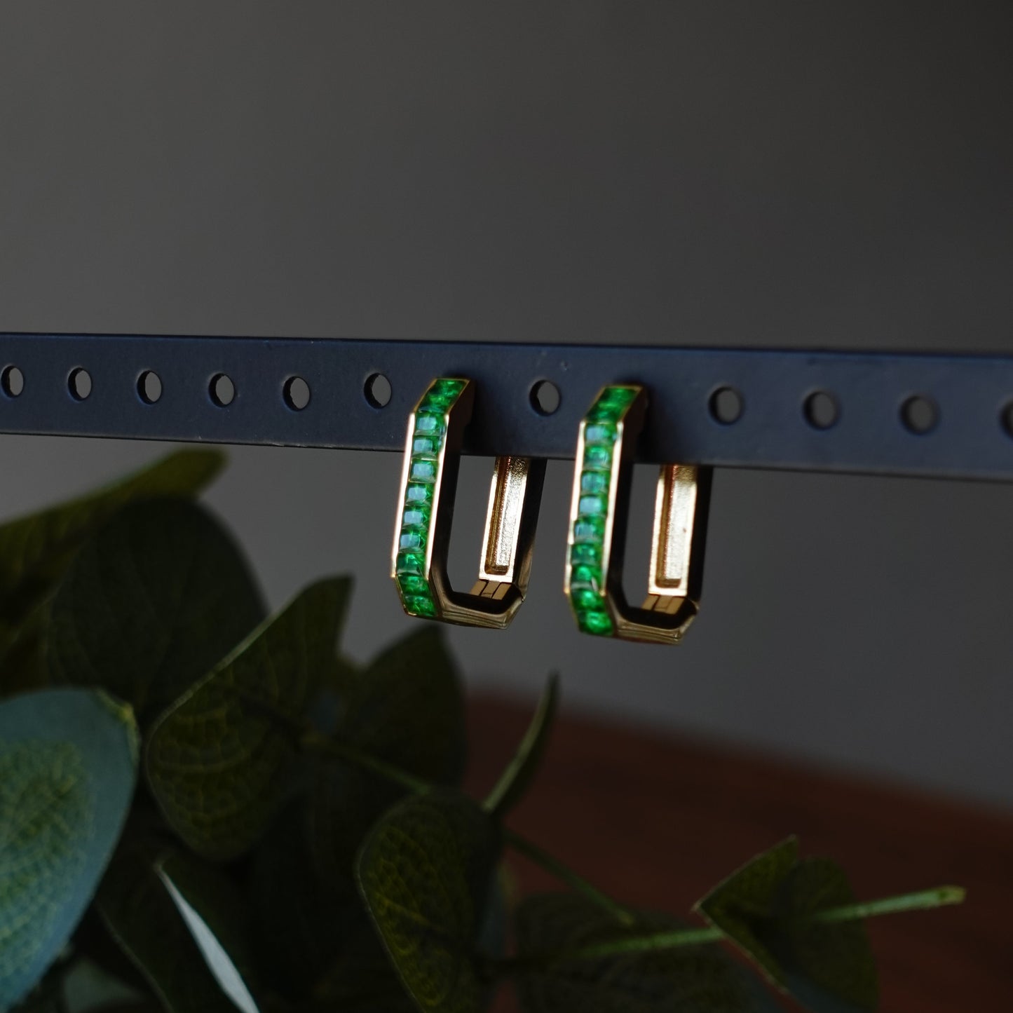 Emerald Green Hoop Earrings with Gold Bar Accent