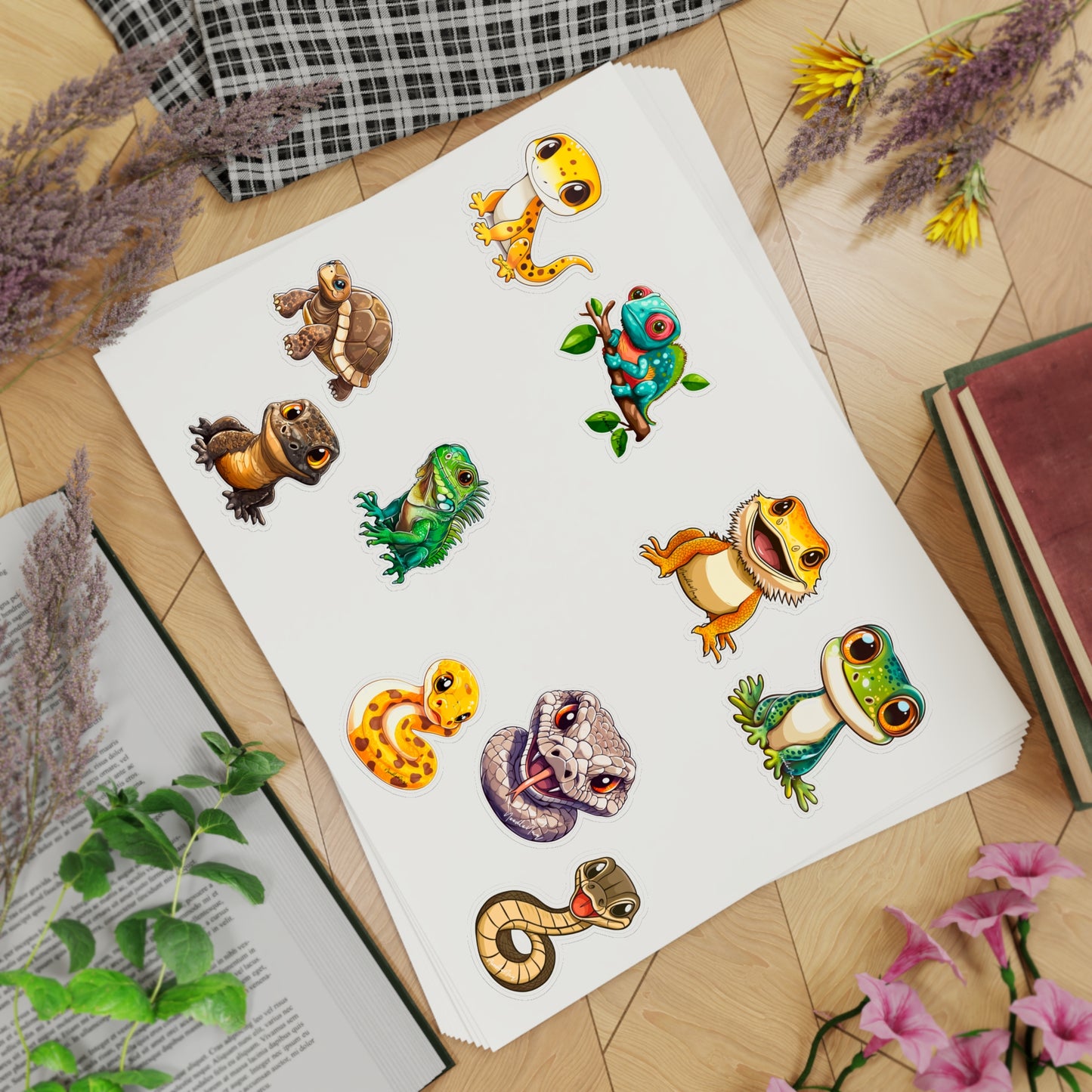 Colorful Reptilian Sticker Sheet Bundle - 10 Fun Designs for Kids & Nature Lovers